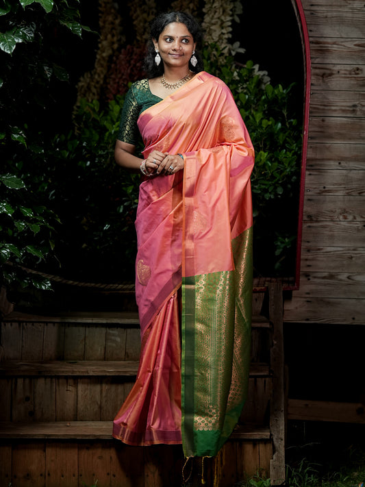 Peach Pink & Emerald Green Soft Silk Saree