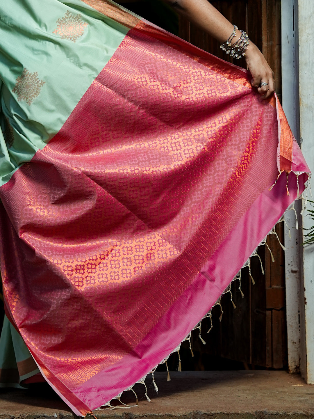 Mint Green & Pink Soft Silk Saree