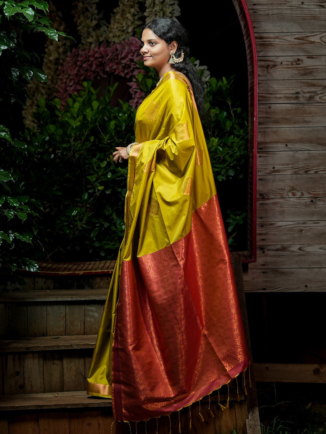 Mustard Yellow & Coppery Pink-Maroon Soft Silk Saree