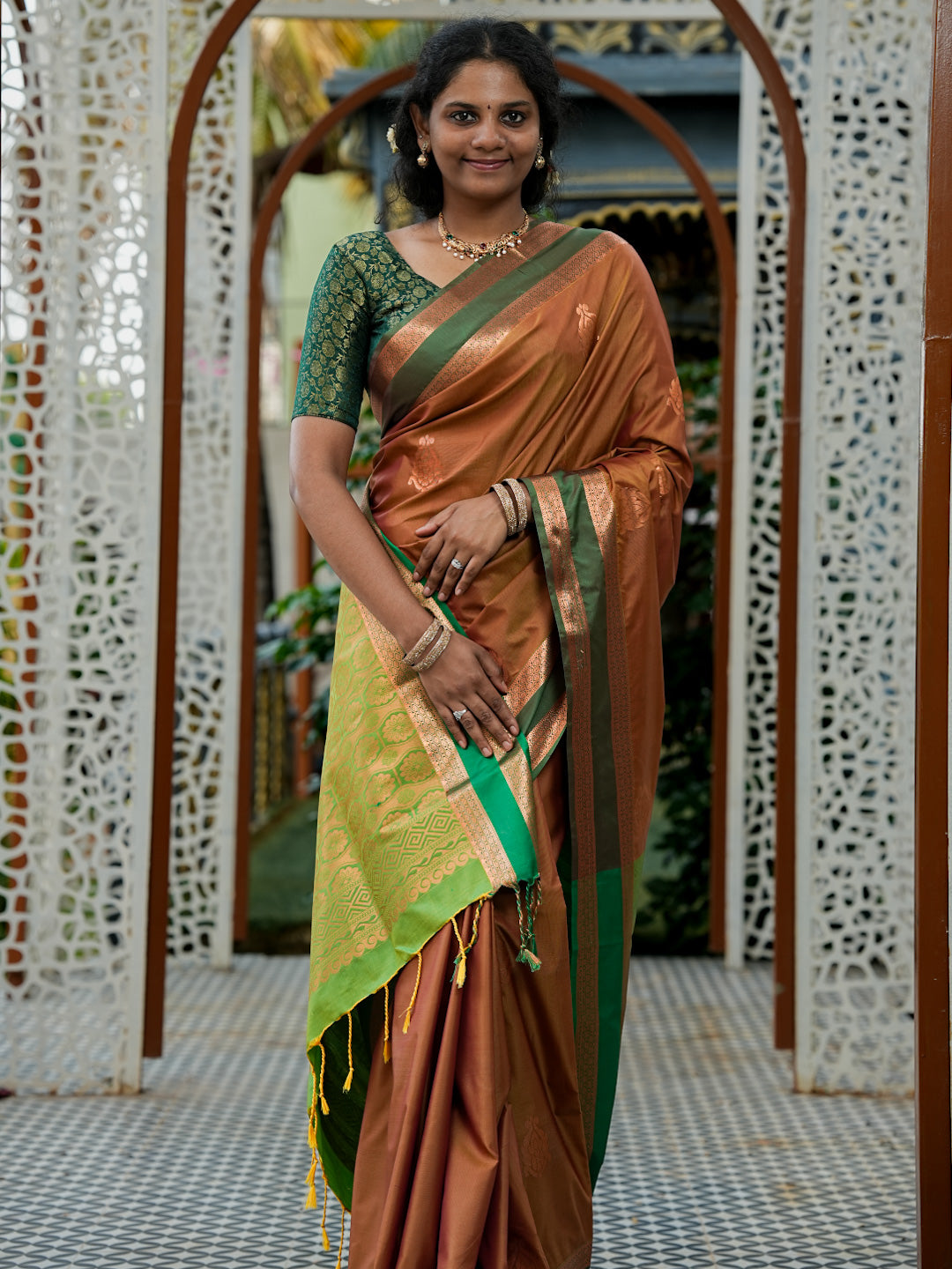 Rust Brown & Emerald Green Soft Silk Saree