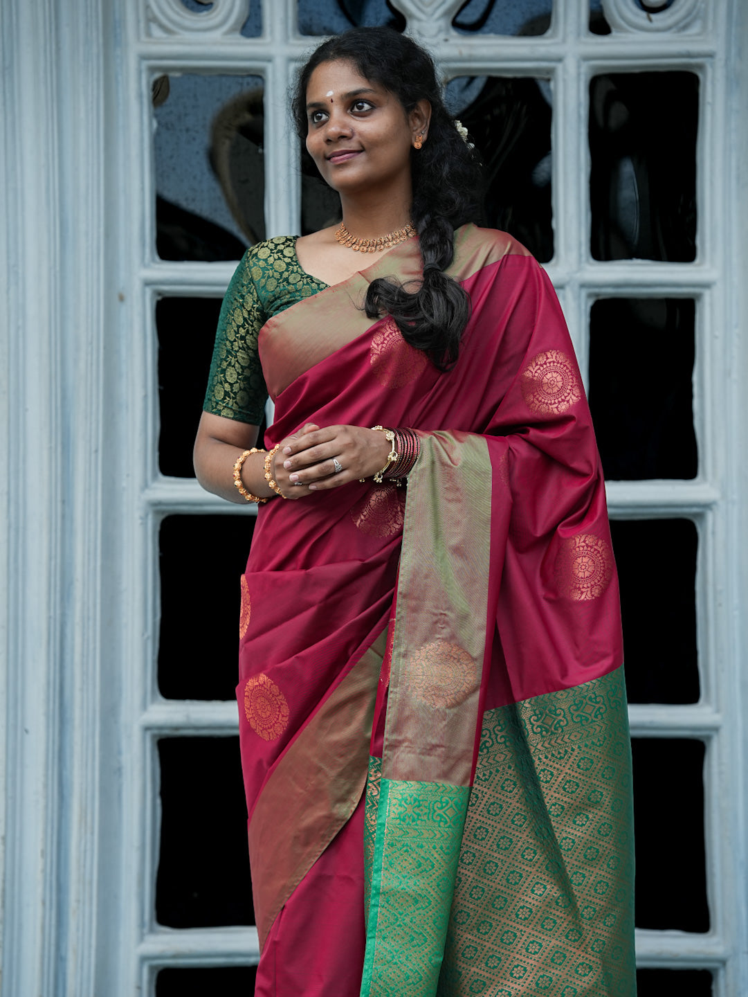 Ruby Maroon & Emerald Green Soft Silk Saree