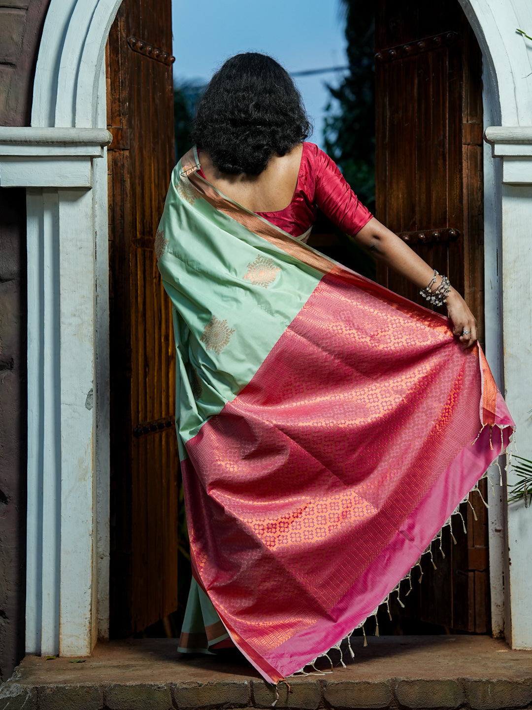 Mint Green & Pink Soft Silk Saree
