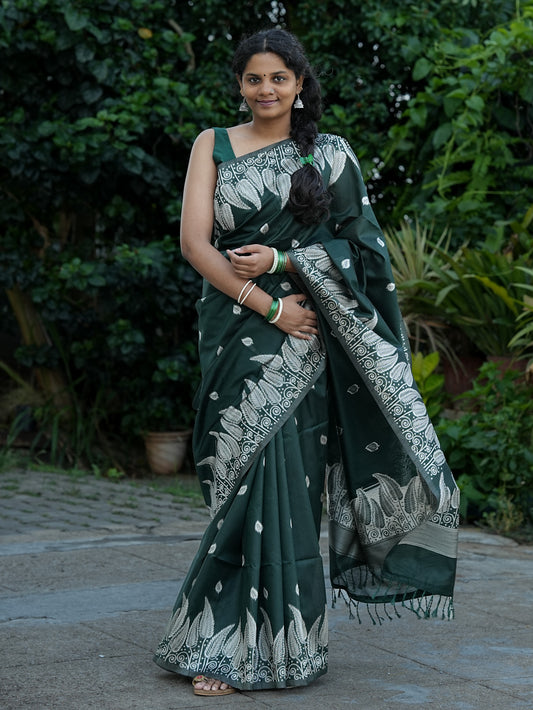 Bottle Green Spun Cotton Saree
