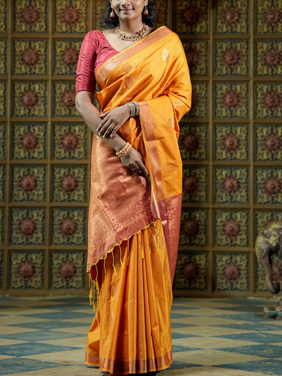 Mustard Yellow & Copper Pink Soft Silk Saree