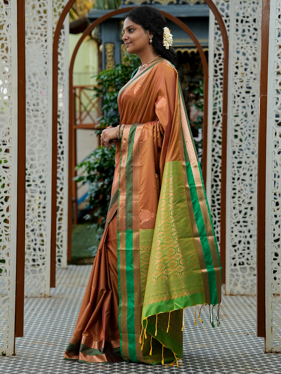 Rust Brown & Emerald Green Soft Silk Saree