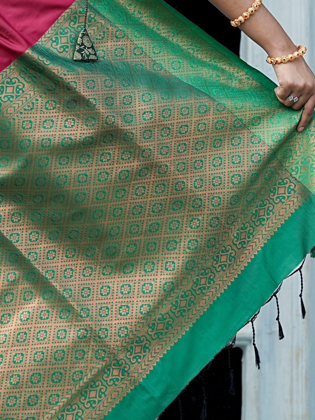 Ruby Maroon & Emerald Green Soft Silk Saree