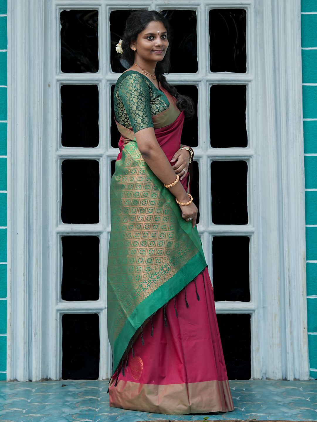Ruby Maroon & Emerald Green Soft Silk Saree