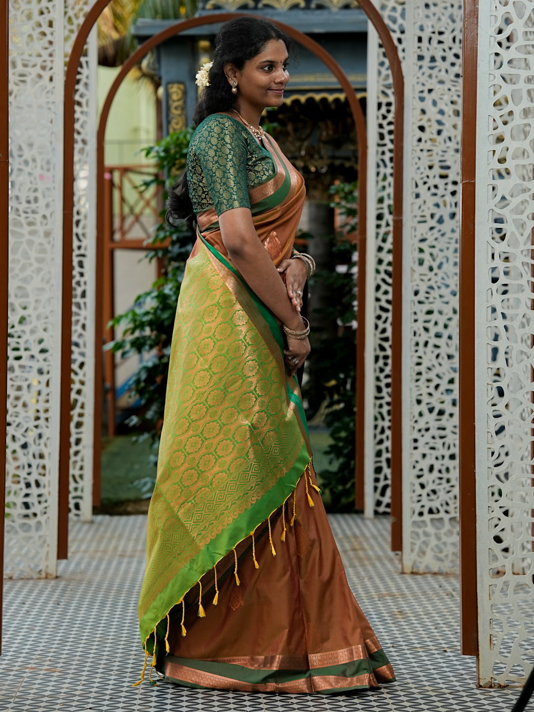 Rust Brown & Emerald Green Soft Silk Saree