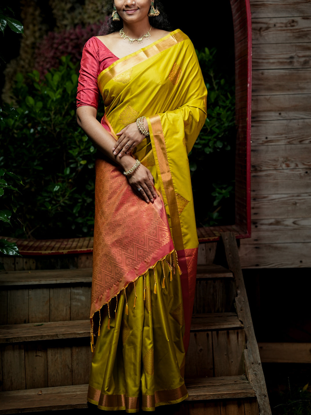 Mustard Yellow & Coppery Pink-Maroon Soft Silk Saree