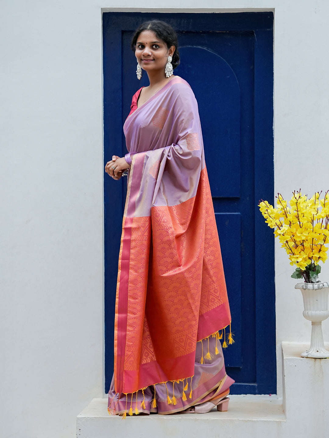 Dusty Lavender & Coral Pink Soft Silk Saree