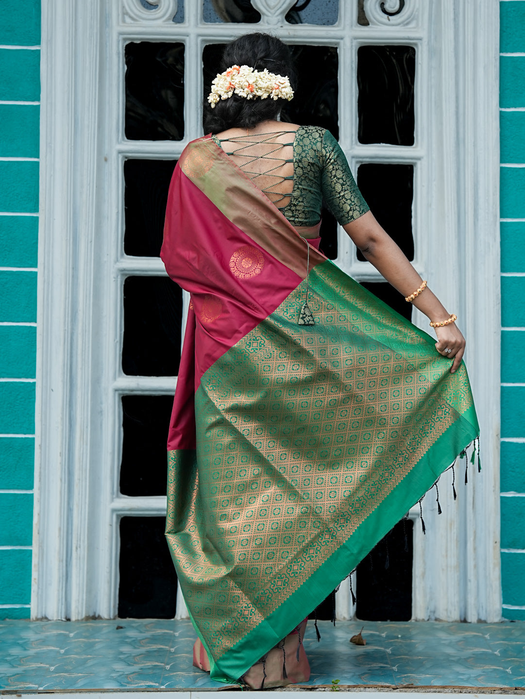 Ruby Maroon & Emerald Green Soft Silk Saree